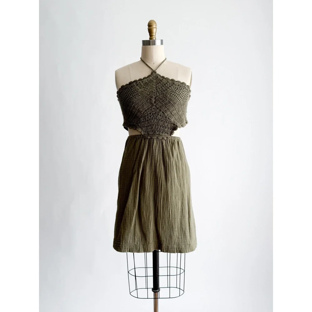 Aerie Mini Dress Boho Crochet Halter Cutout Gauze XL Olive Green Summer Festival